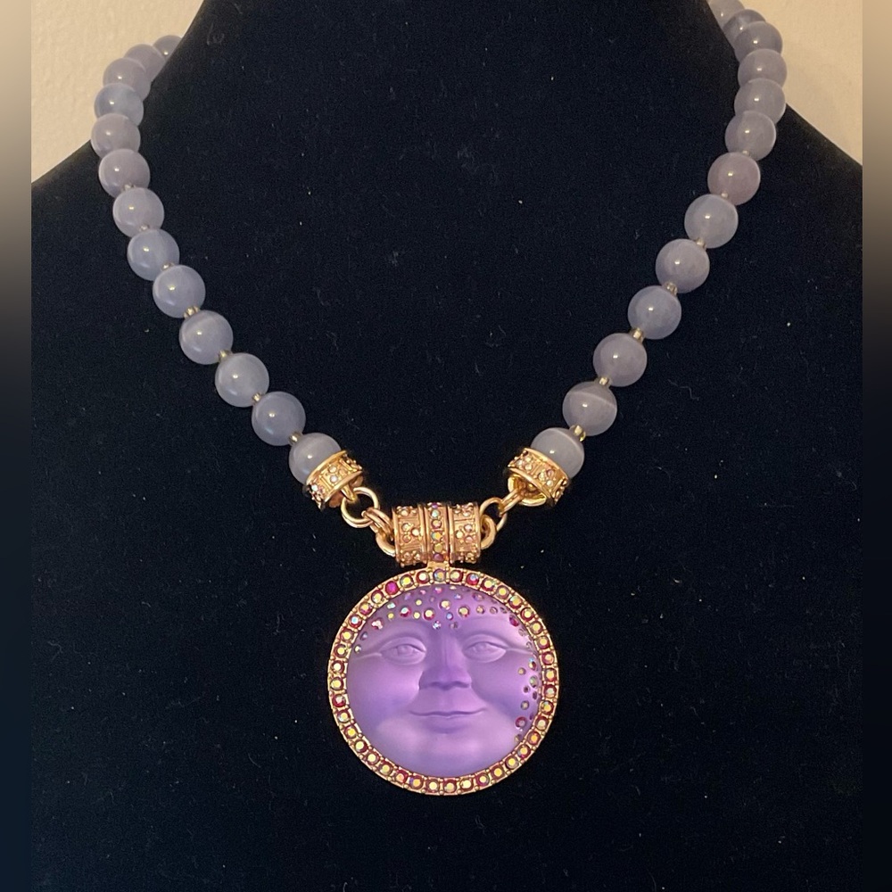 #242 KIRKS FOLLY Magnetic Enhancer Crystal Rhinestone Purple Moon Face Necklace
